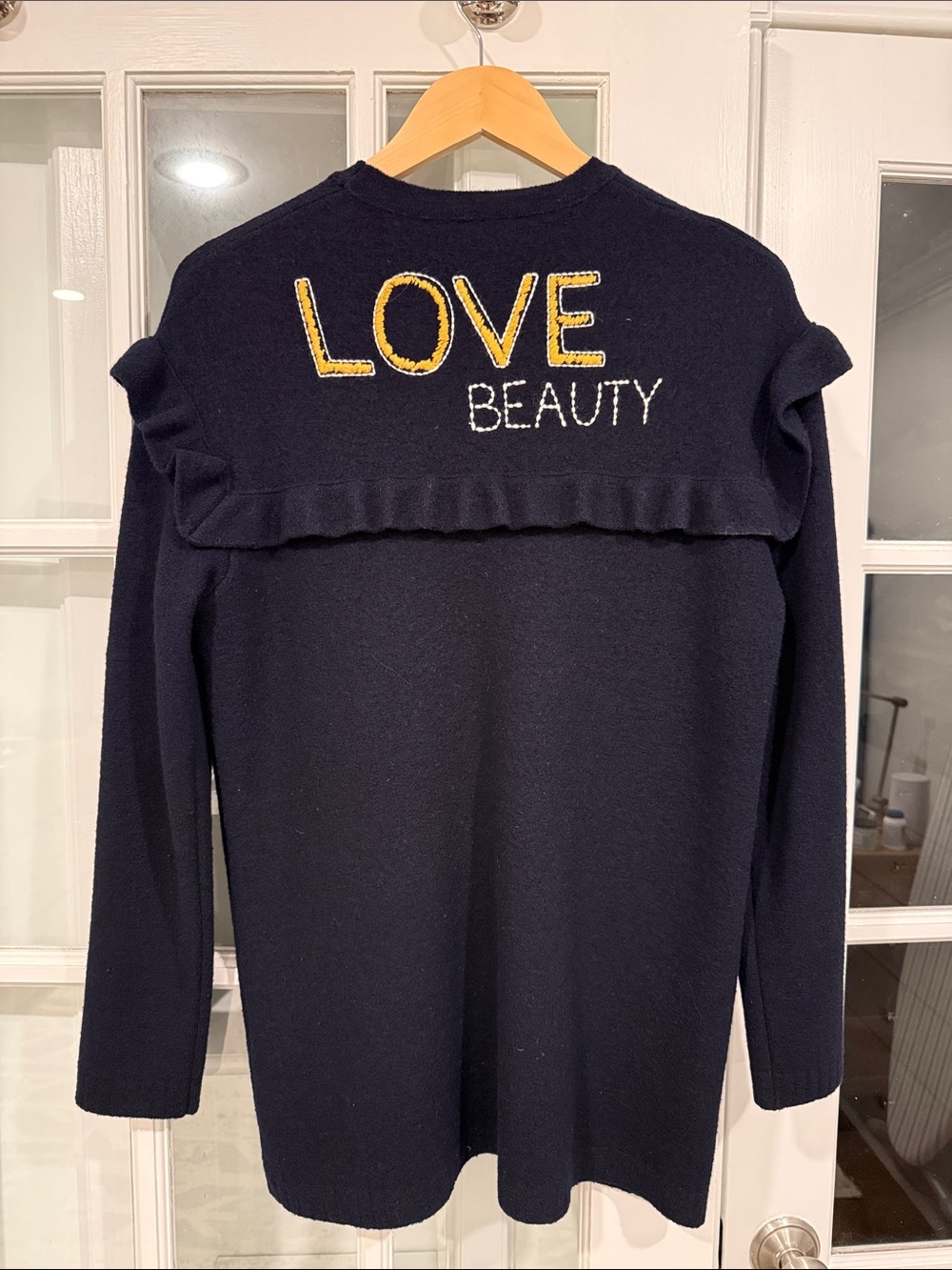 RED Valentino Navy Knit Sweatshirt with Yellow & White 'LOVE BEAUTY' Embroidery